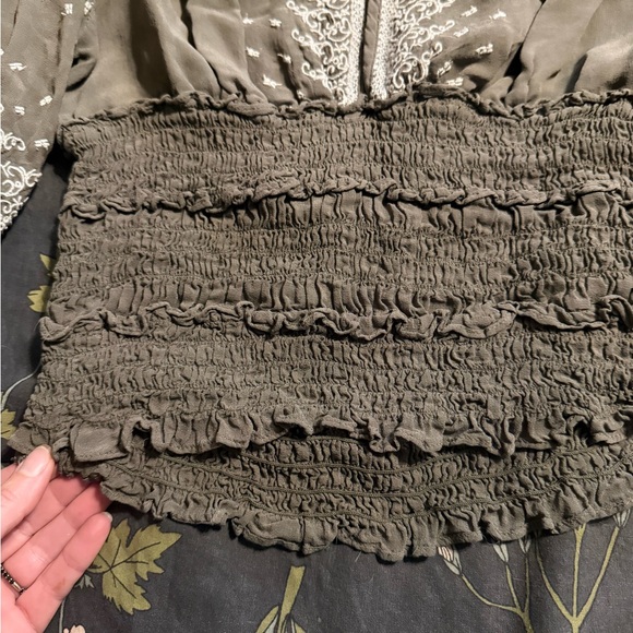 Anthropologie Olive Green Smocked Peasant Blouse with White Embroidery - Picture 2 of 3